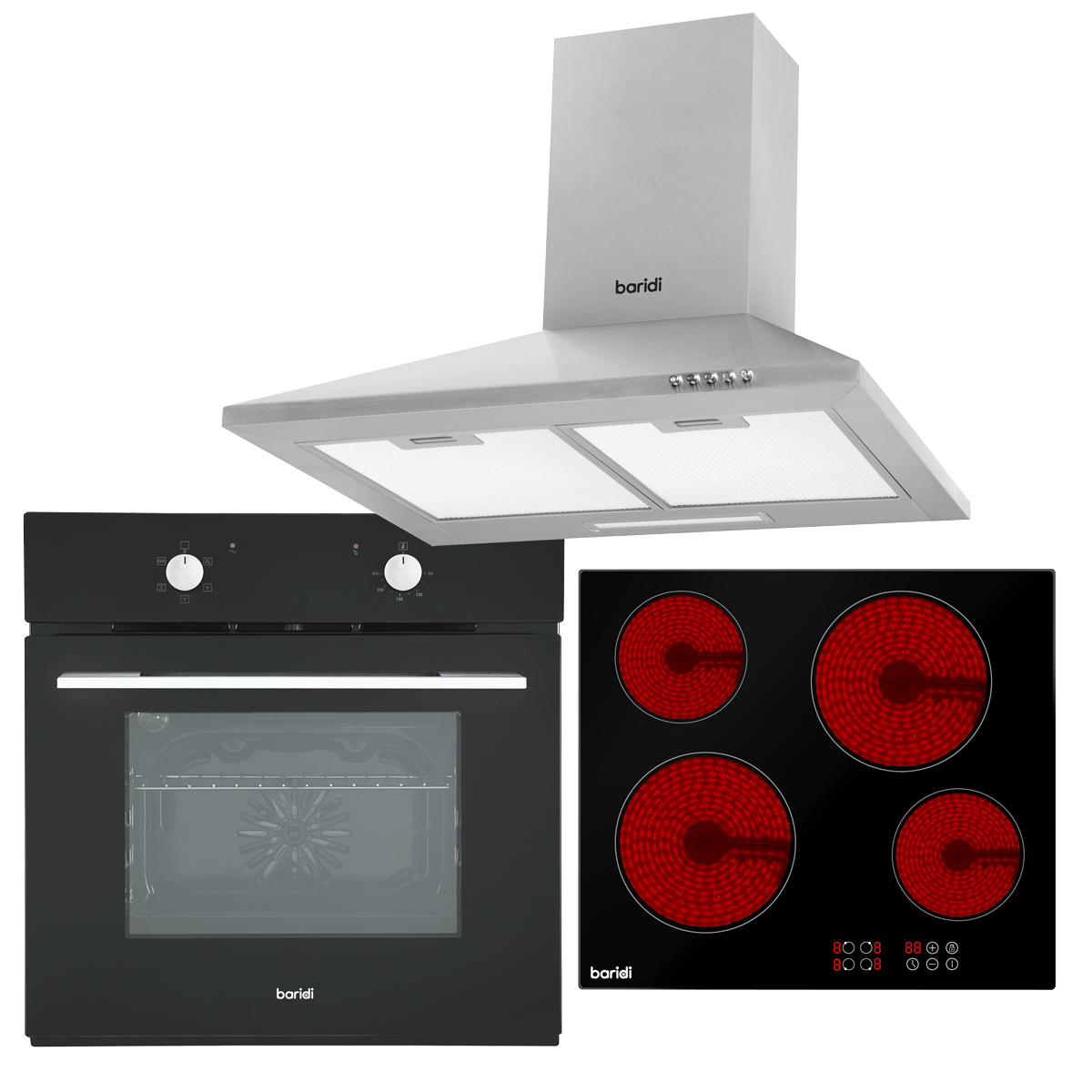 Baridi Integrated Ceramic Hob with 4 Cooking Zones, Integrated Fan-Assisted Electric Oven & Cooker Hood with Carbon Filters