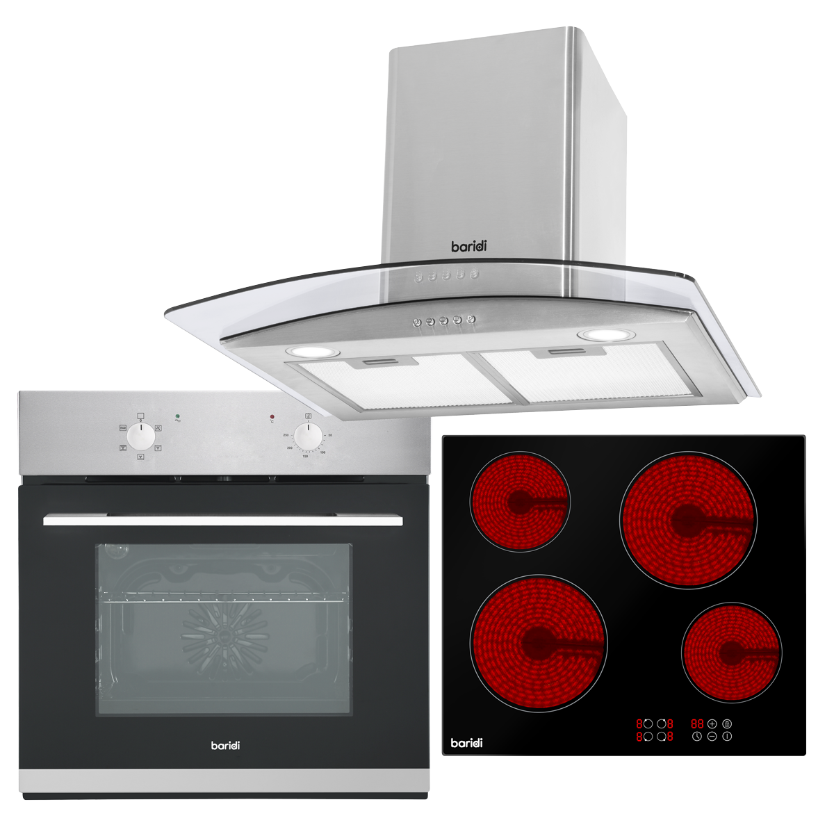Baridi Integrated Ceramic Hob with 4 Cooking Zones, Integrated Fan-Assisted Electric Oven & Curved Glass Cooker Hood with Carbon Filters & LED Lights