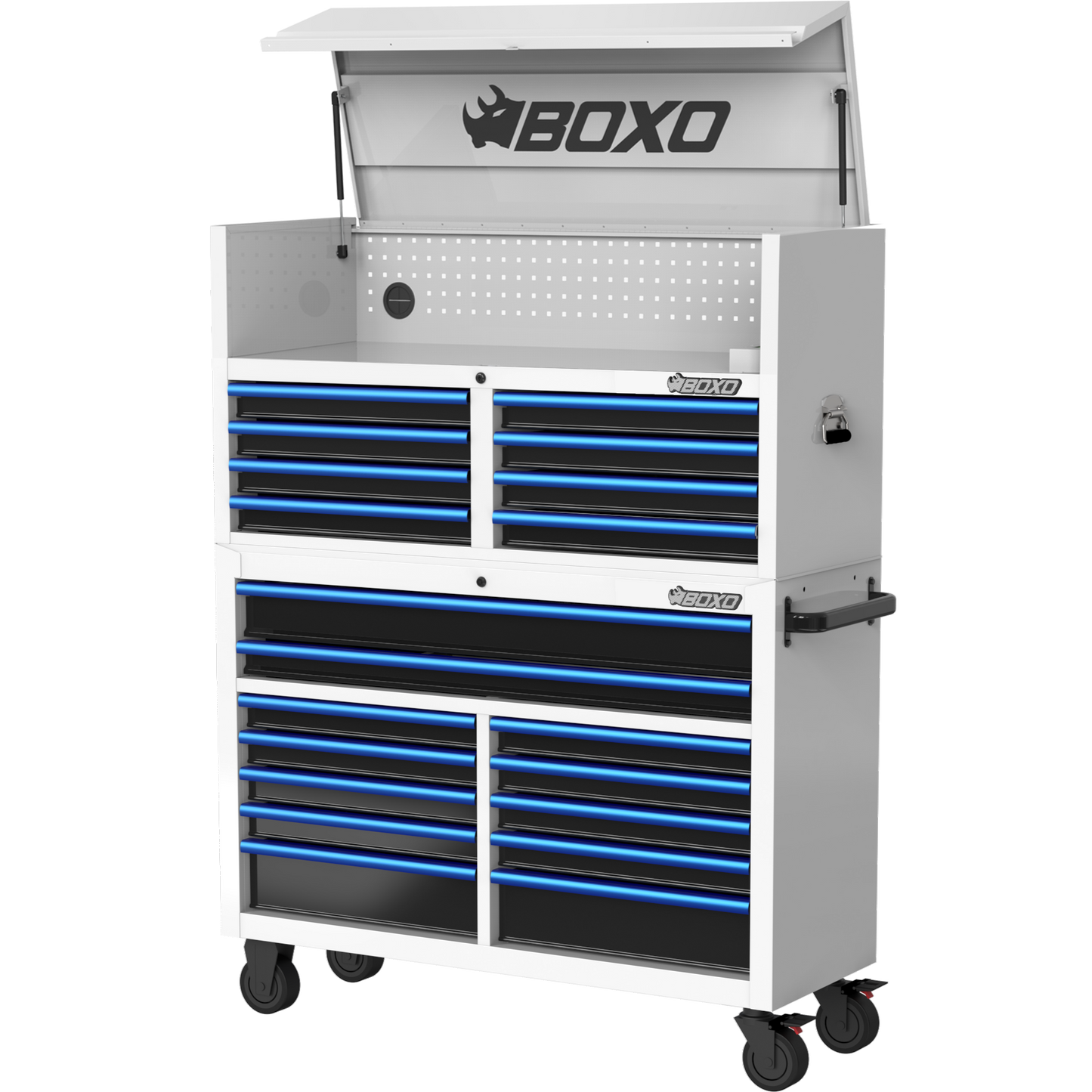 BOXO 53" 20 Drawer Toolbox Stack with Drawer Trim Pack - White Body with Trim Colour Options