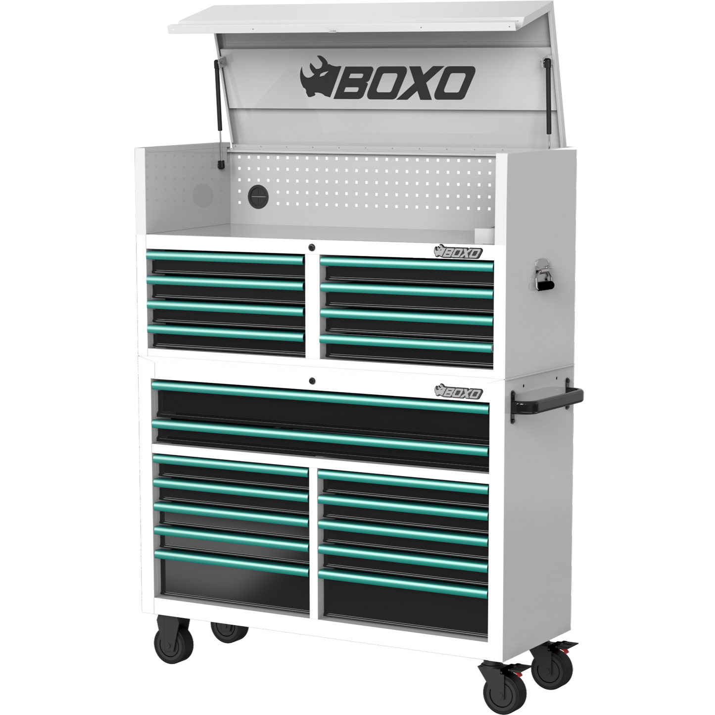 BOXO 53" 20 Drawer Toolbox Stack with Drawer Trim Pack - White Body with Trim Colour Options