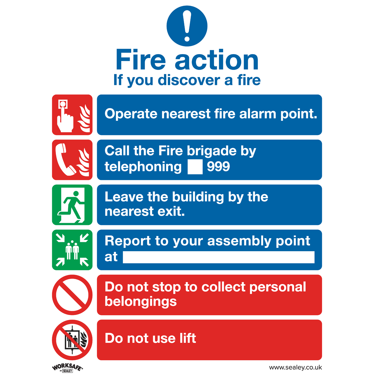 Worksafe® Fire Action With Lift Safety Sign, Rigid Plastic - Pack of 10