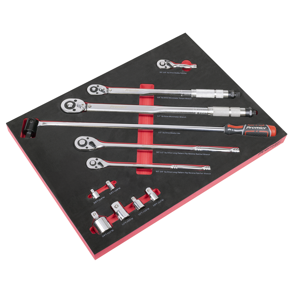 Premier Ratchet, Torque Wrench, Breaker Bar & Socket Adaptor Set with Tool Tray 3/8"Sq & 1/2"Sq Drive 12pc