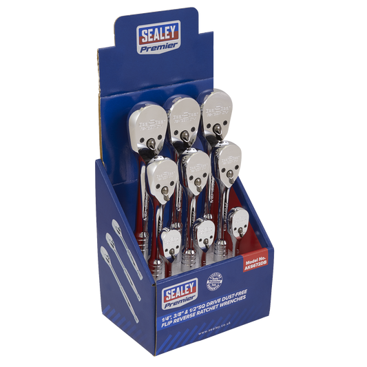 Premier Pear-Head Ratchet Wrenches with Flip Reverse 1/4", 3/8" & 1/2"Sq Drive - Display Box of 9