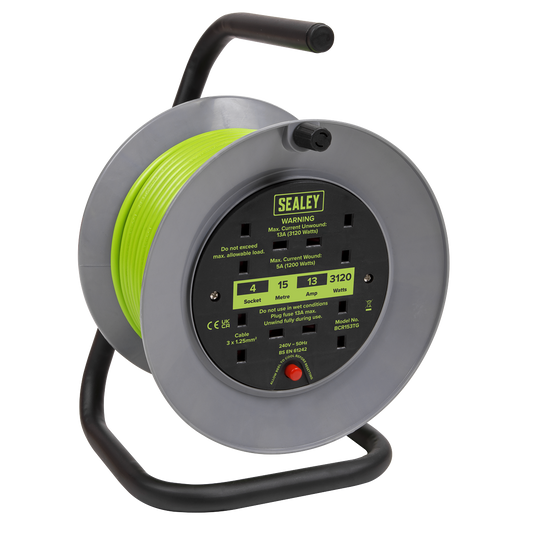 15m Cable Reel with Thermal Trip 4 x 230V - Hi-Vis Green