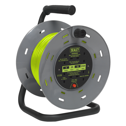 25m Cable Reel with Thermal Trip 4 x 230V - Hi-Vis Green