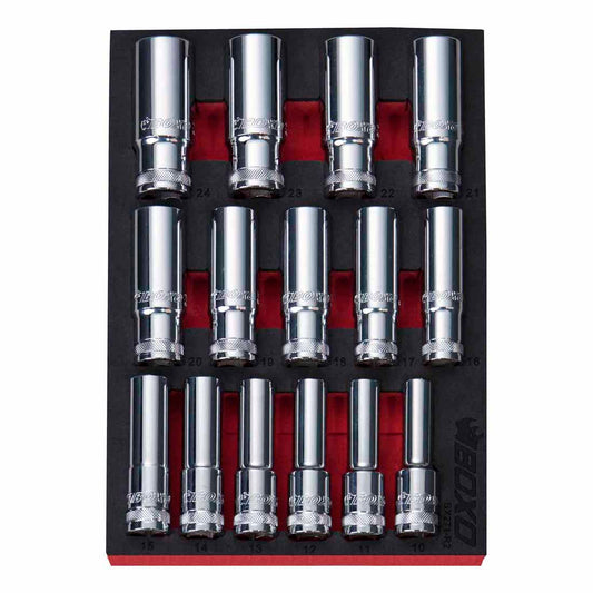 BOXO 15Pc 1/2" 12PT Deep Socket Set (10mm to 24mm)