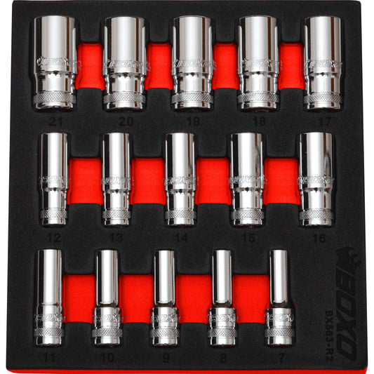 BOXO 15Pc 3/8" Semi Deep Socket Set (7mm to 21mm)