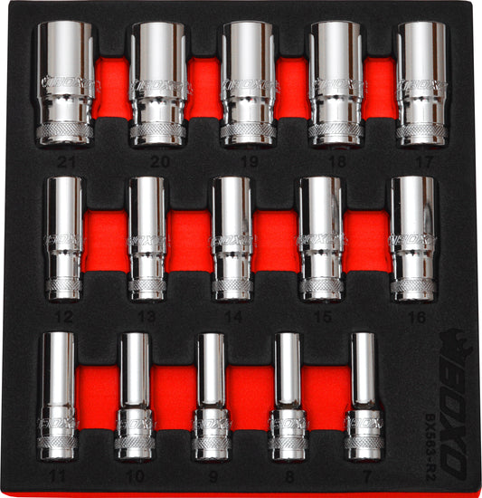 BOXO 15Pc 3/8" Semi Deep Socket Set (7mm to 21mm)