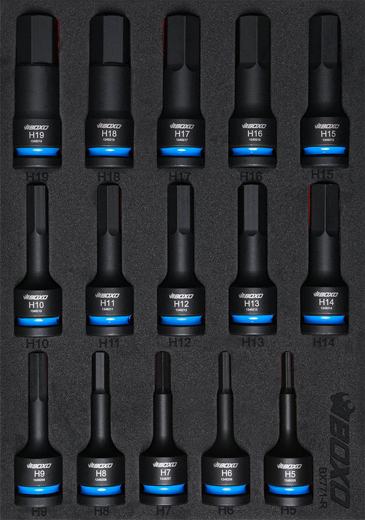 BOXO 15Pc 1/2" Impact Hex Bit Socket Set In EVA Foam