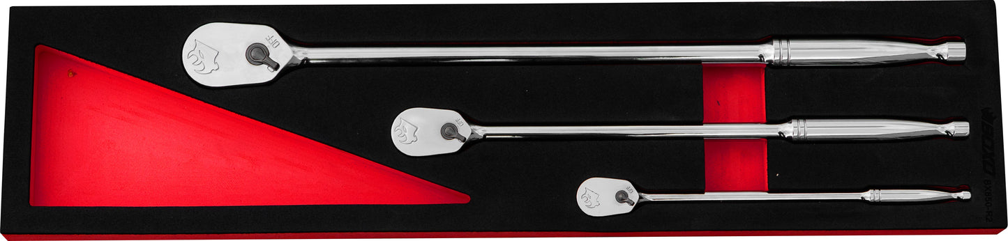 BOXO 3Pc 1/4", 3/8" & 1/2" 90T Long Reach Ratchet Set