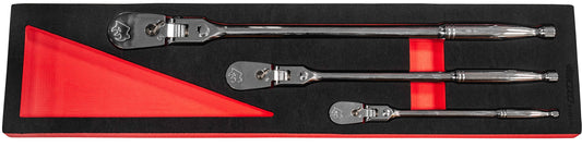 BOXO 3Pc 1/4", 3/8" & 1/2" 90T Flex-Head Ratchet Set with Lock