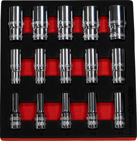 BOXO 3/8" 15Pc 12Pt Semi Deep Socket Set
