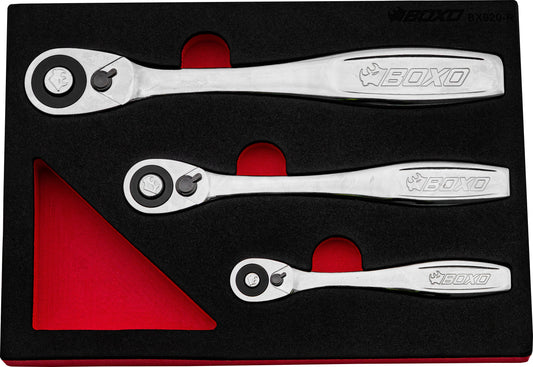 BOXO 3Pc Slim Head Ratchet Set Push Button Release