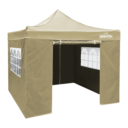 Dellonda Premium 2x2m Pop-Up Gazebo & Side Walls, PVC Coated, Water-Resistant Fabric, Supplied with Carry Bag, Rope, Stakes & Weight Bags - Beige