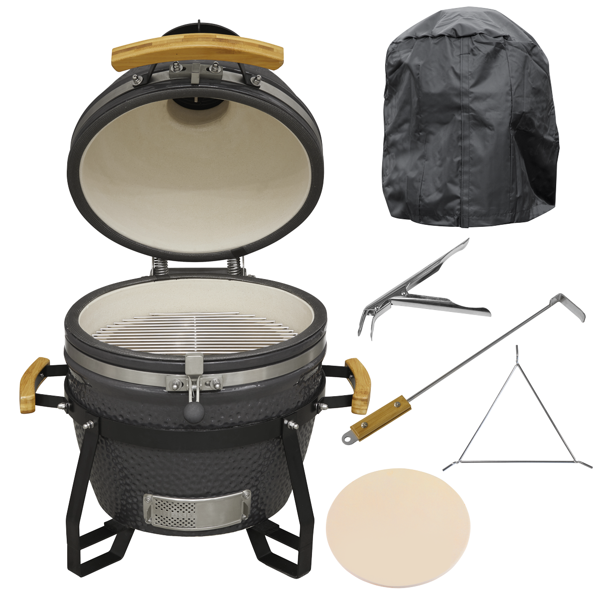 Dellonda Deluxe 16"(40cm) Ceramic Kamado Style BBQ, Cover, Grid Gripper, Heat Deflector & Heat Deflector Support