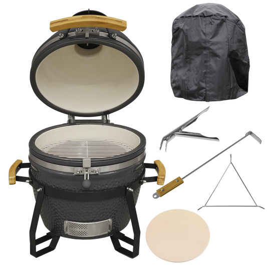 Dellonda Deluxe 16"(40cm) Ceramic Kamado Style BBQ, Cover, Grid Gripper, Heat Deflector & Heat Deflector Support