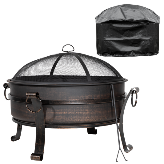 Dellonda Deluxe 2-in-1 Outdoor Fire Pit/Coffee Table with Drawstring Cover 93cm Antique Bronze Effect
