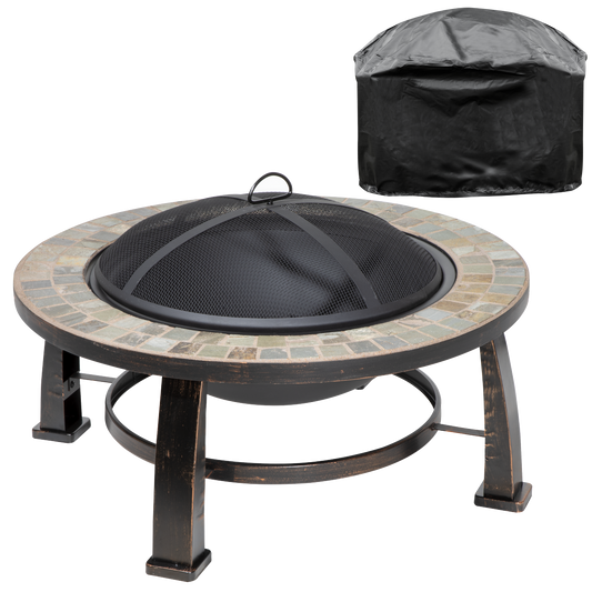 Dellonda 30" Deluxe Traditional Style Fire Pit, Fireplace, Outdoor Heater with Fire Poker , Safety Mesh Screen & Drawstring Cover - Slate Top