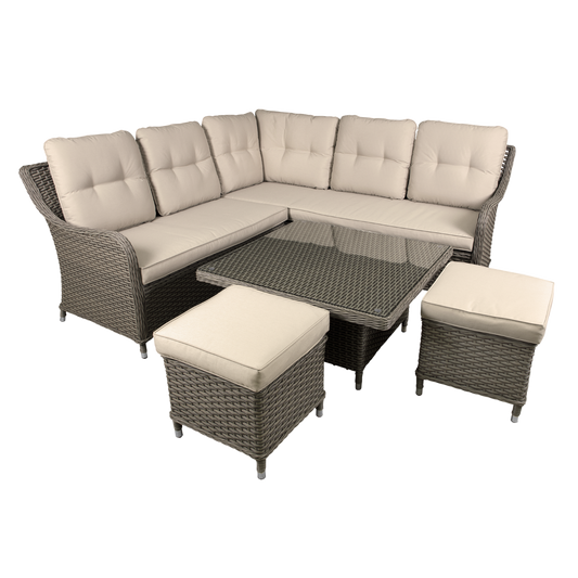Dellonda Chester Rattan Wicker Outdoor 5-Seater Corner Sofa, Adjustable Table & Footstools Set 5pc