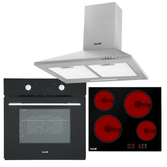 Baridi Integrated Ceramic Hob with 4 Cooking Zones, Integrated Fan-Assisted Electric Oven & Cooker Hood with Carbon Filters