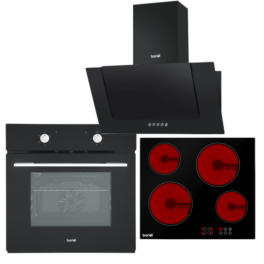 Baridi Integrated Ceramic Hob with 4 Cooking Zones, Integrated Fan-Assisted Electric Oven & Angled Chimney Cooker Hood with Carbon Filters & LED Lamp