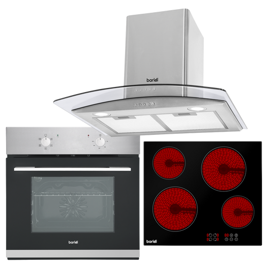 Baridi Integrated Ceramic Hob with 4 Cooking Zones, Integrated Fan-Assisted Electric Oven & Curved Glass Cooker Hood with Carbon Filters & LED Lights