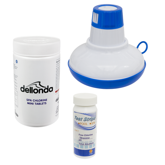 Dellonda Hot Tub/Spa & Swimming Pool Chlorine Pack includes Chlorine Mini Tabs 1kg, Chemical Floaters & 3-in-1 Test Strips