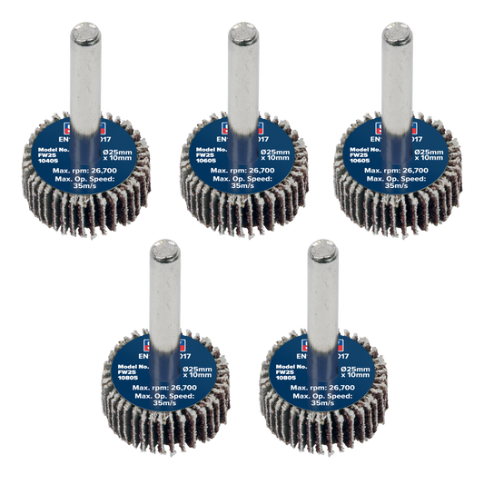 25 x 10mm Abrasive Flap Wheel with 6mm Shaft Assorted Grit - Pack of 5