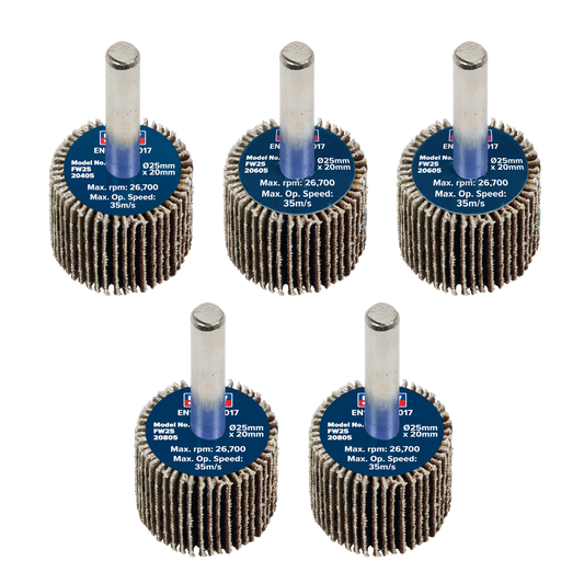 25 x 20mm Abrasive Flap Wheel with 6mm Shaft Assorted Grit - Pack of 5