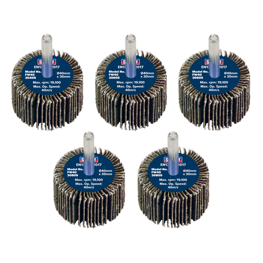 40 x 30mm Abrasive Flap Wheel with 6mm Shaft Assorted Grit - Pack of 5