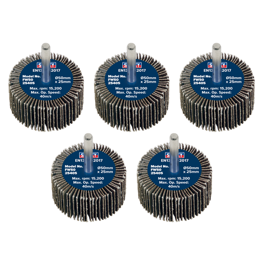 50 x 25mm Abrasive Flap Wheel with 6mm Shaft 40Grit - Pack of 5