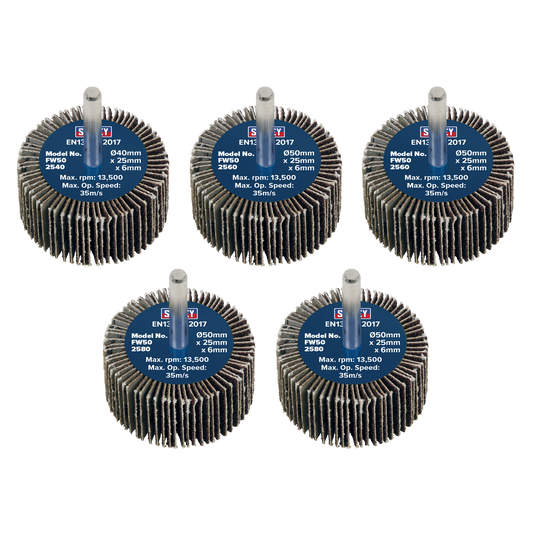 50 x 25mm Abrasive Flap Wheel with 6mm Shaft Assorted Grit - Pack of 5