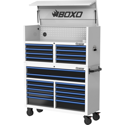 BOXO 53" 20 Drawer Toolbox Stack with Drawer Trim Pack - White Body with Trim Colour Options