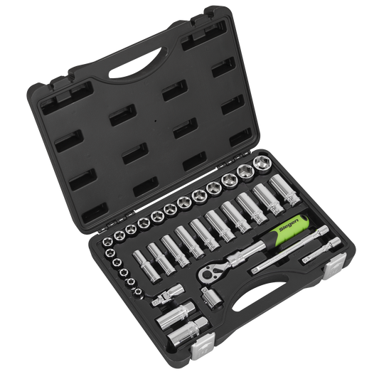Siegen Extendable Ratchet Socket Set 3/8"Sq Drive 34pc