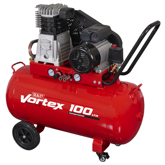100L Belt Drive Air Compressor with Cast Cylinders & Wheels 3.5hp