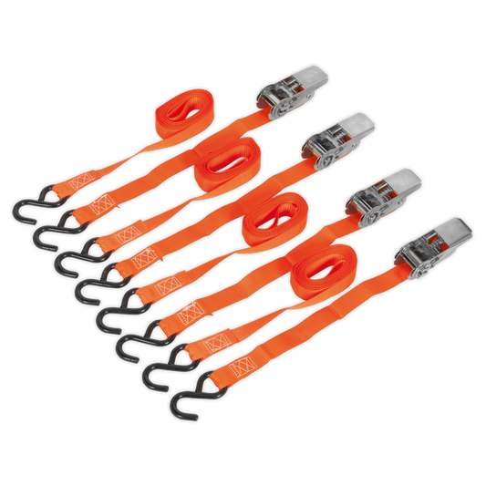 Ratchet Straps Polyester Webbing with S-Hooks 25mm x 4m 500kg Breaking Strength - 2 Pairs